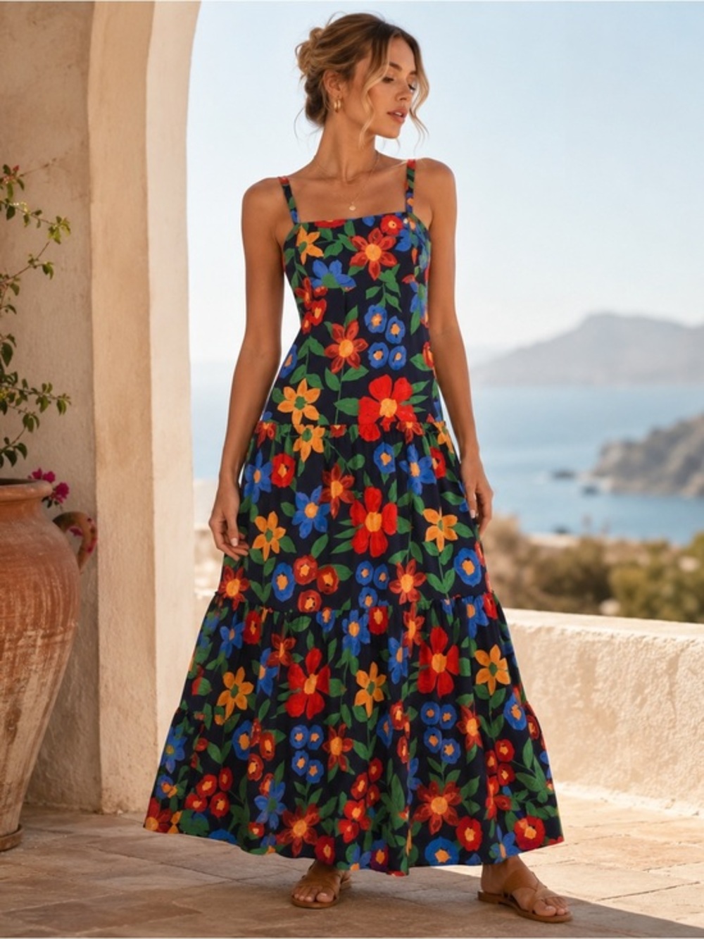 Skies Are Blue Navy Floral Maxi Dress Small Boho Cottagecore Summer